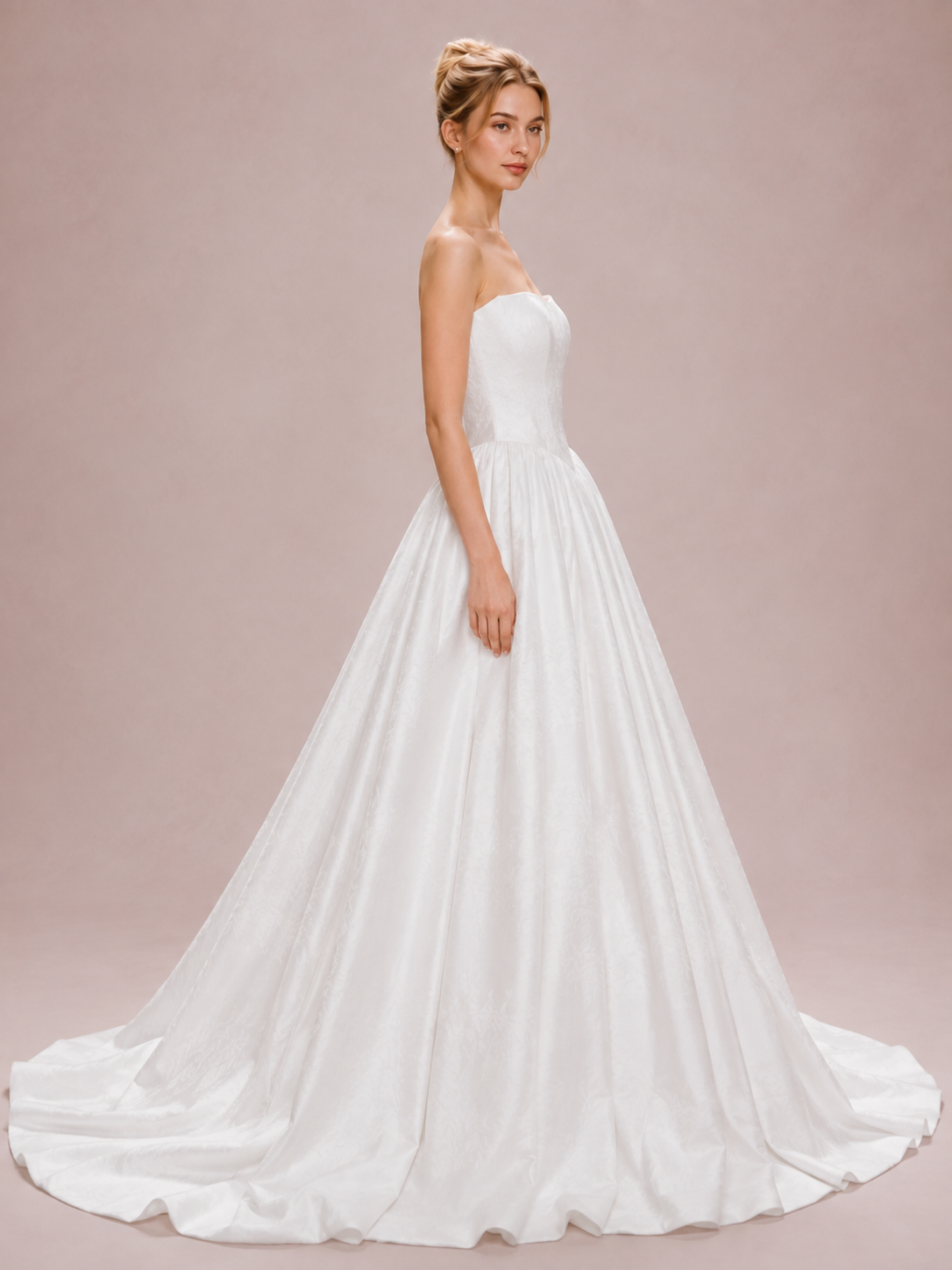 White Strapless Straight-Across Floral Jacquard A-Line Wedding Dress 
