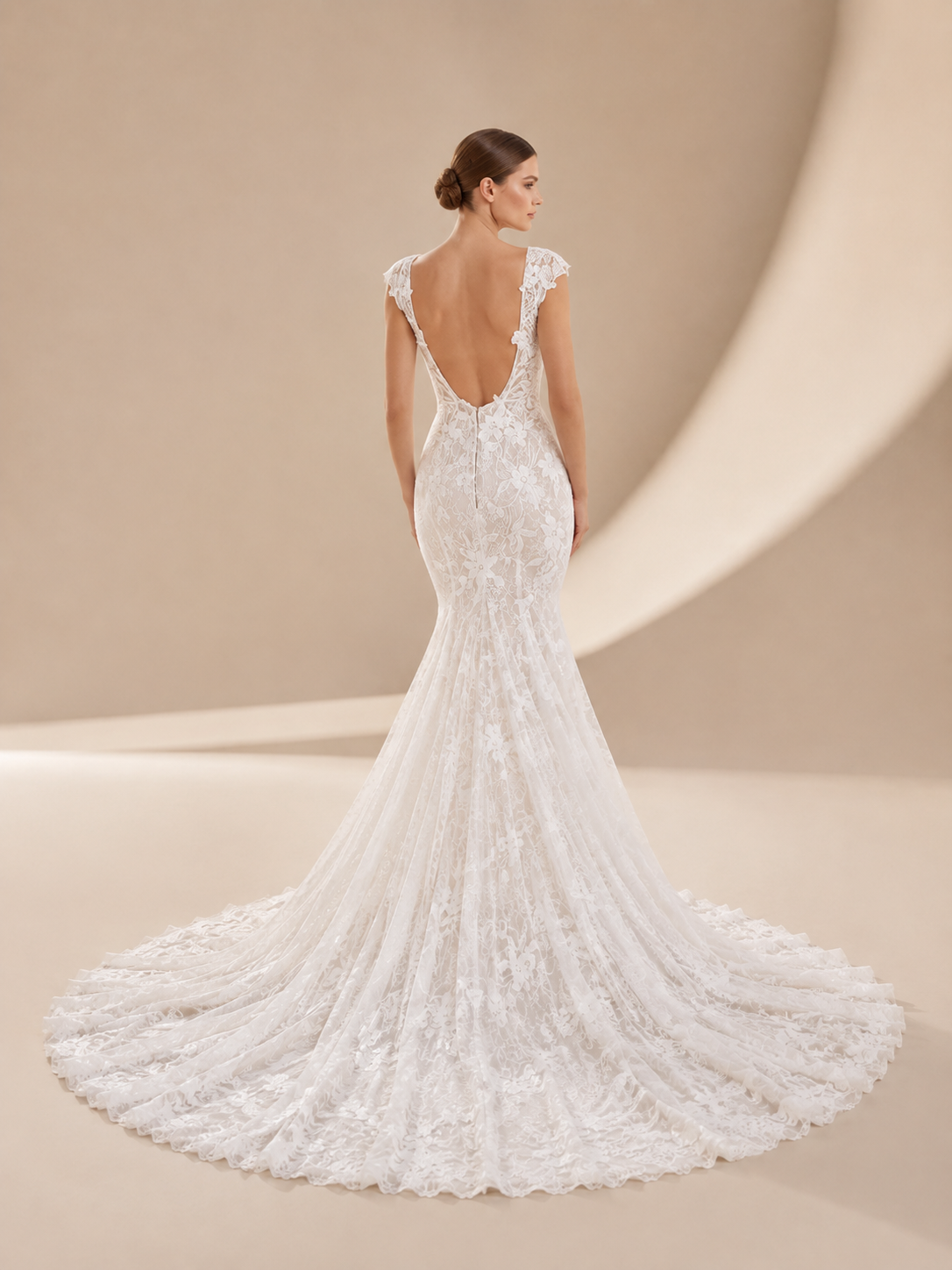 White Plunging V-Neck Lace Mermaid Wedding Dress 