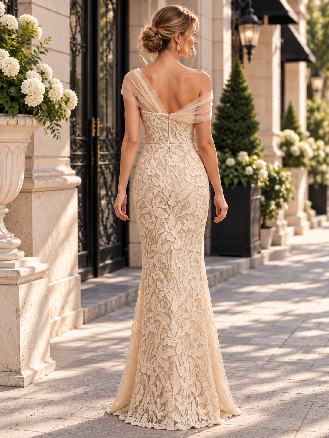 Beige Mesh Lace Asymmetrical One Shoulder Mermaid Maxi Evening Gown Dress 