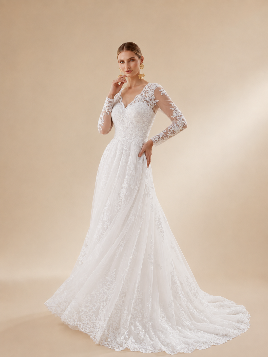 White Long-Sleeve V-Neck Lace Appliqué A-Line Wedding Dress 