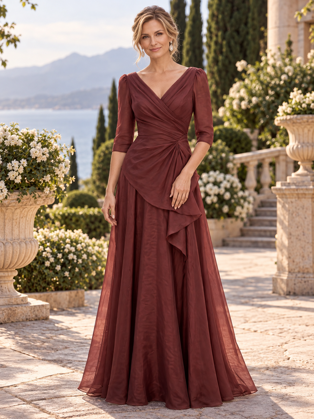Burgundy Draped V-Neck A-Line Maxi Mother of the Bride & Groom Dresses 