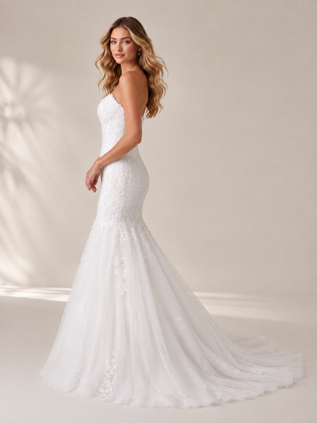 White Mermaid Strapless Sweetheart Tulle Wedding Dress with Matching Chiffon Cape
