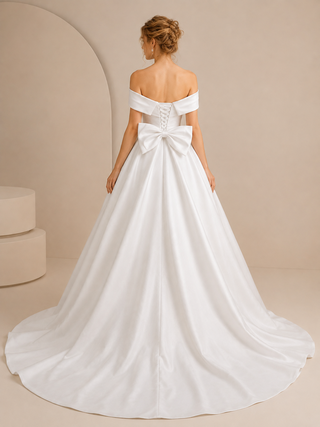 White Off-the-Shoulder Satin Wedding Dress with Back Bow
