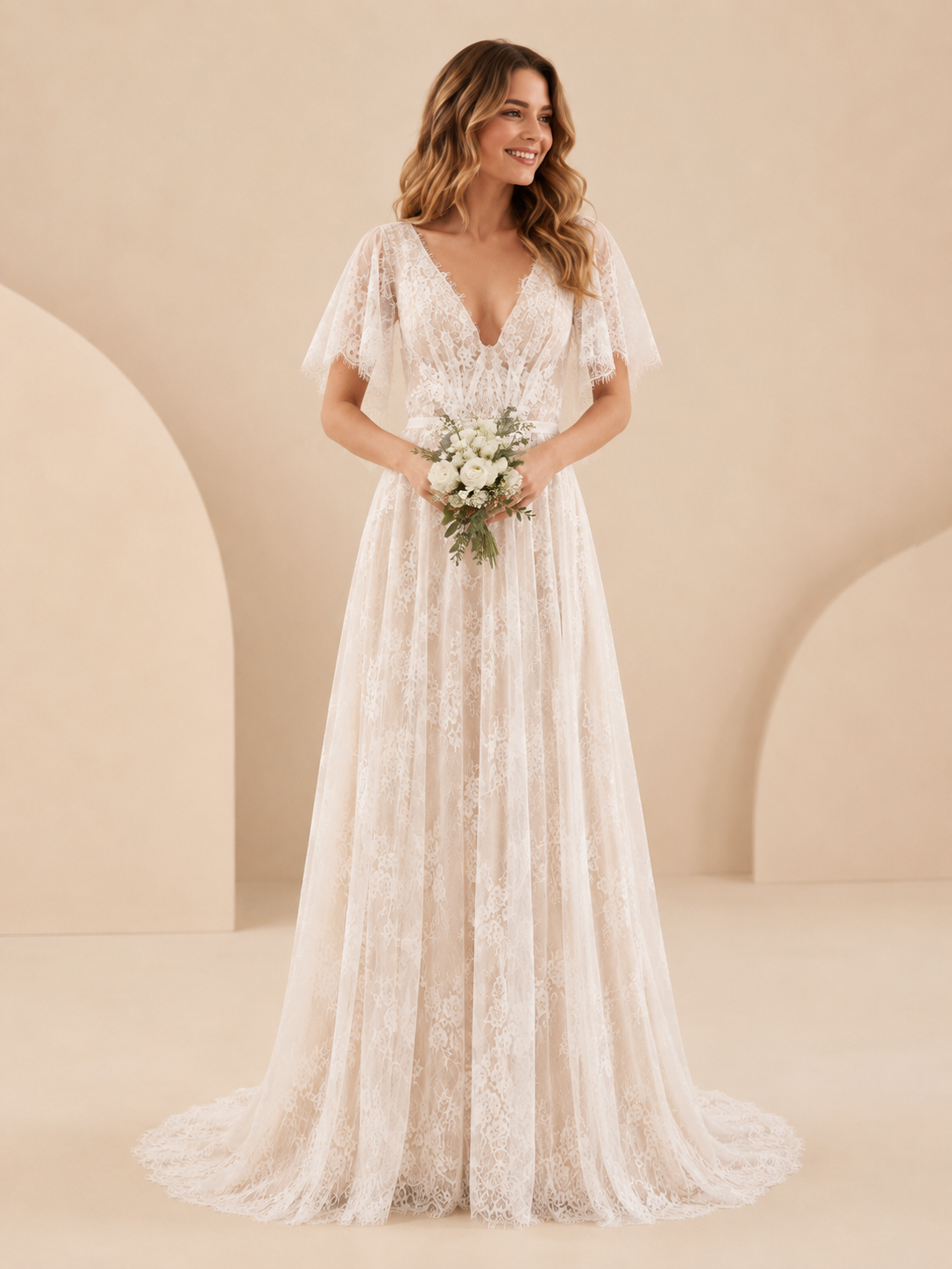 White V-Neck Lace Appliqué Flutter Sleeves A-Line Wedding Dress 