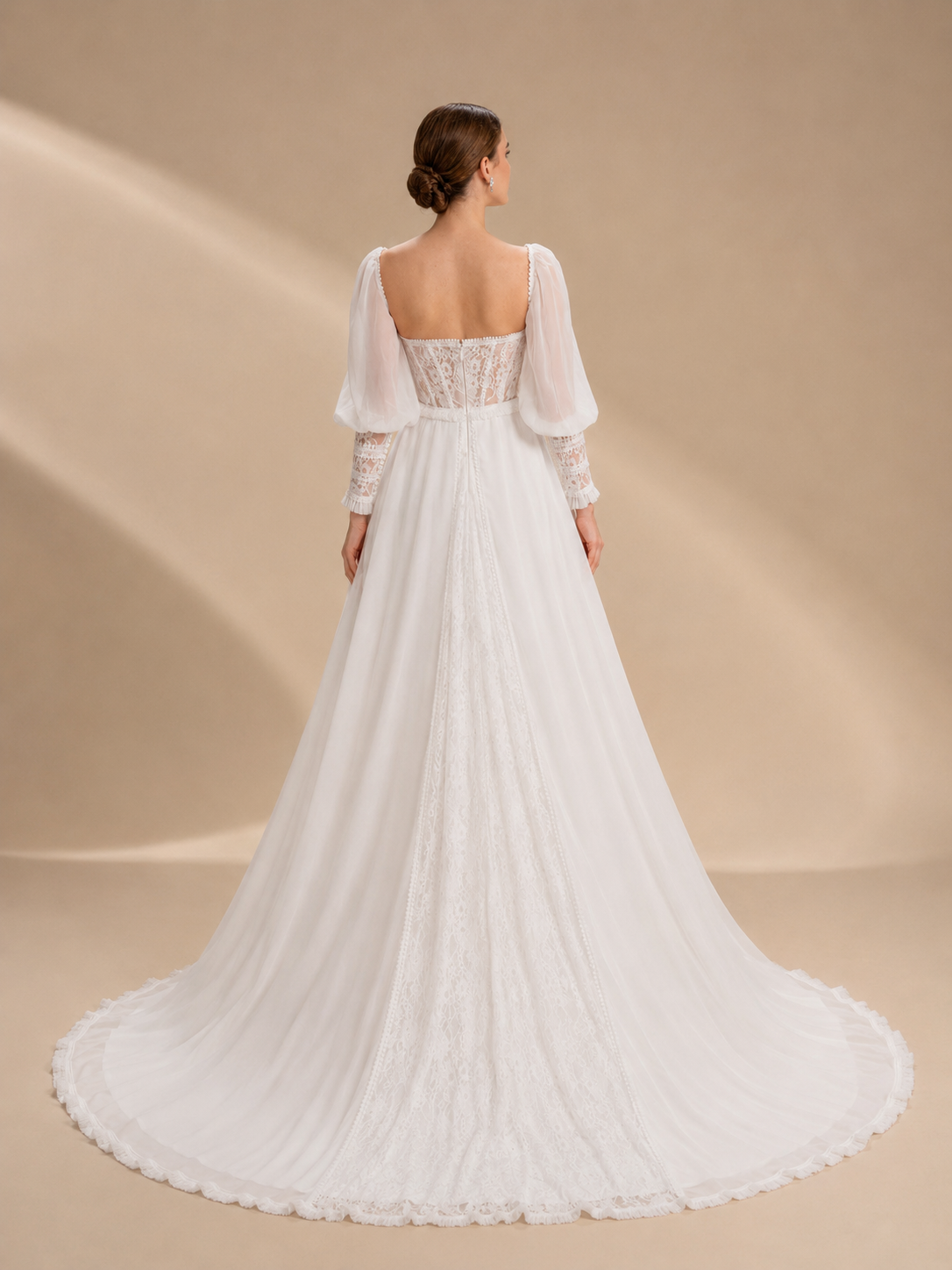 White Sweetheart Corset Puff-Sleeve Lace Chiffon Wedding Dress 