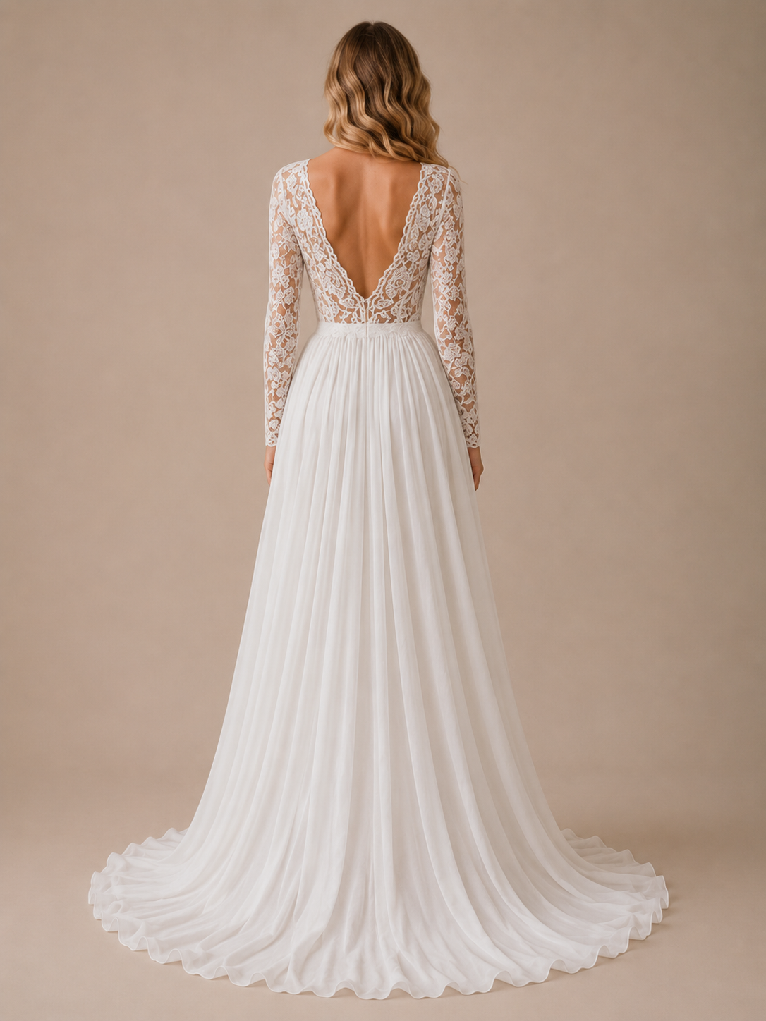 White Plunging V-Neck Lace Long-Sleeve High Slit A-Line Wedding Dress 