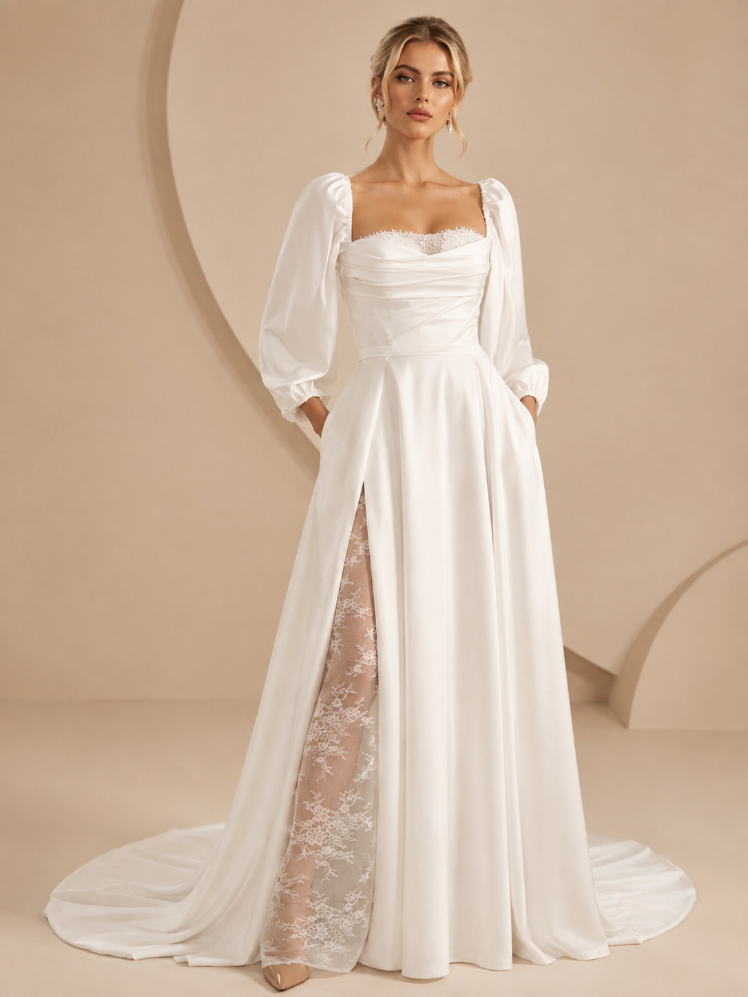 White Square-Neck Satin Long-Sleeve High Slit A-Line Wedding Dress 