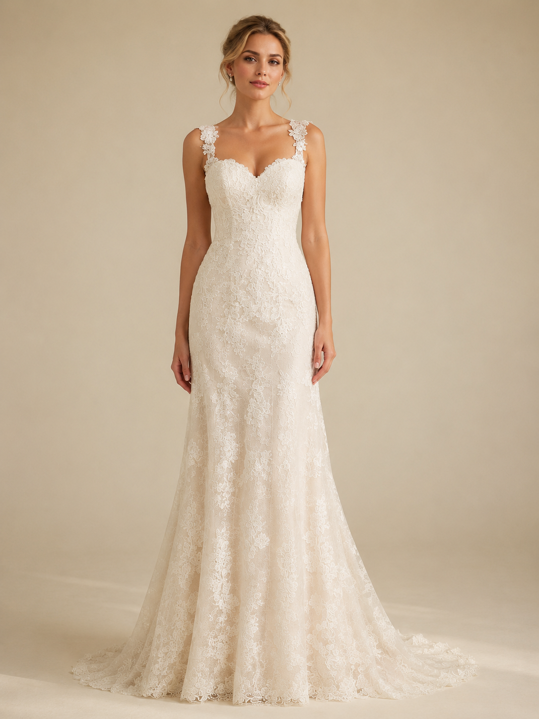 White Sweetheart Sleeveless Lace Mermaid Wedding Dress 