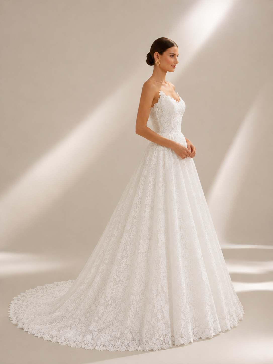 White Sweetheart Strapless Lace A-Line Wedding Dress 