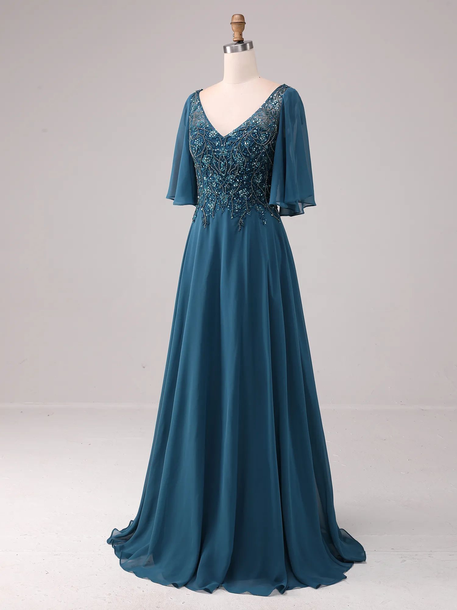 Peacock Blue Lace Appliqué Flutter Sleeve Chiffon A-Line Mother of the Bride Dress