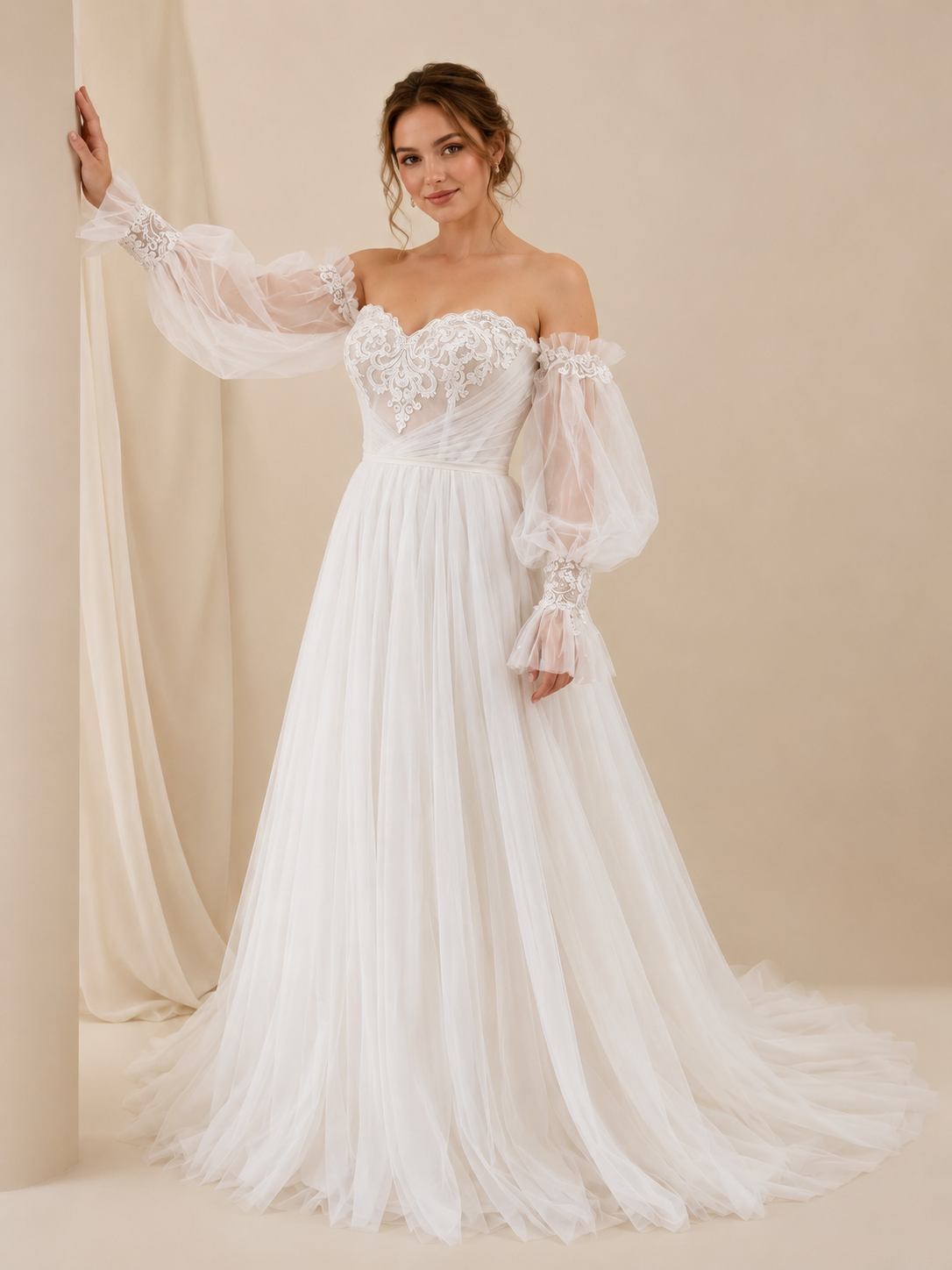 White Off-the-Shoulder Draped Tulle Sweetheart A-Line Wedding Dress 