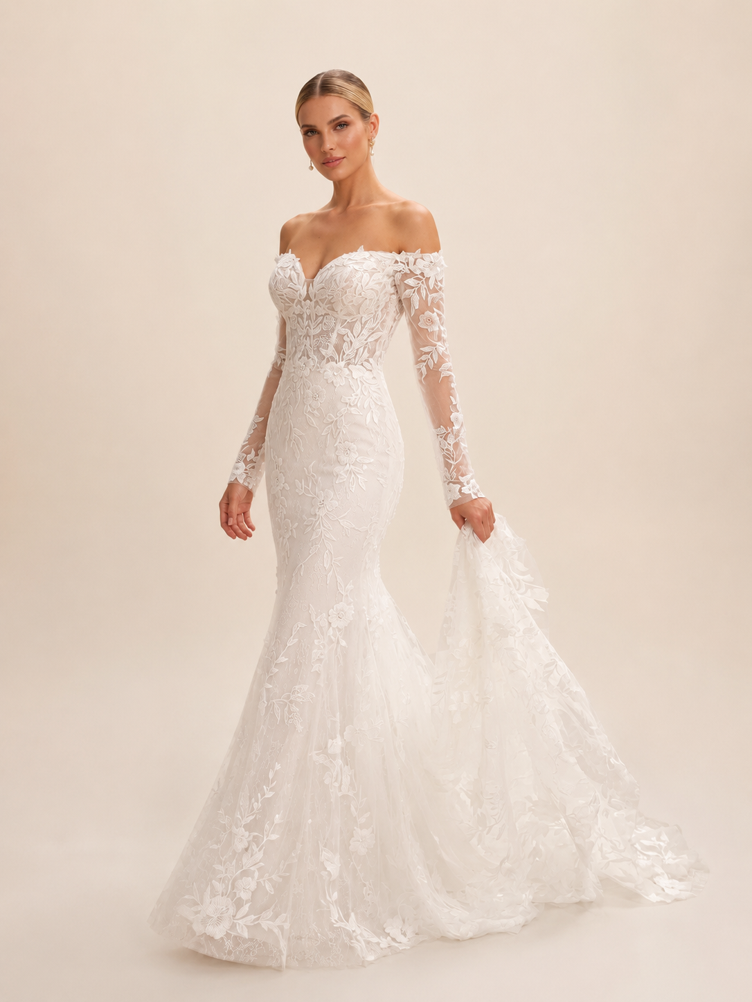 White Off-the-Shoulder Long-Sleeve Lace Mermaid Wedding Dress 