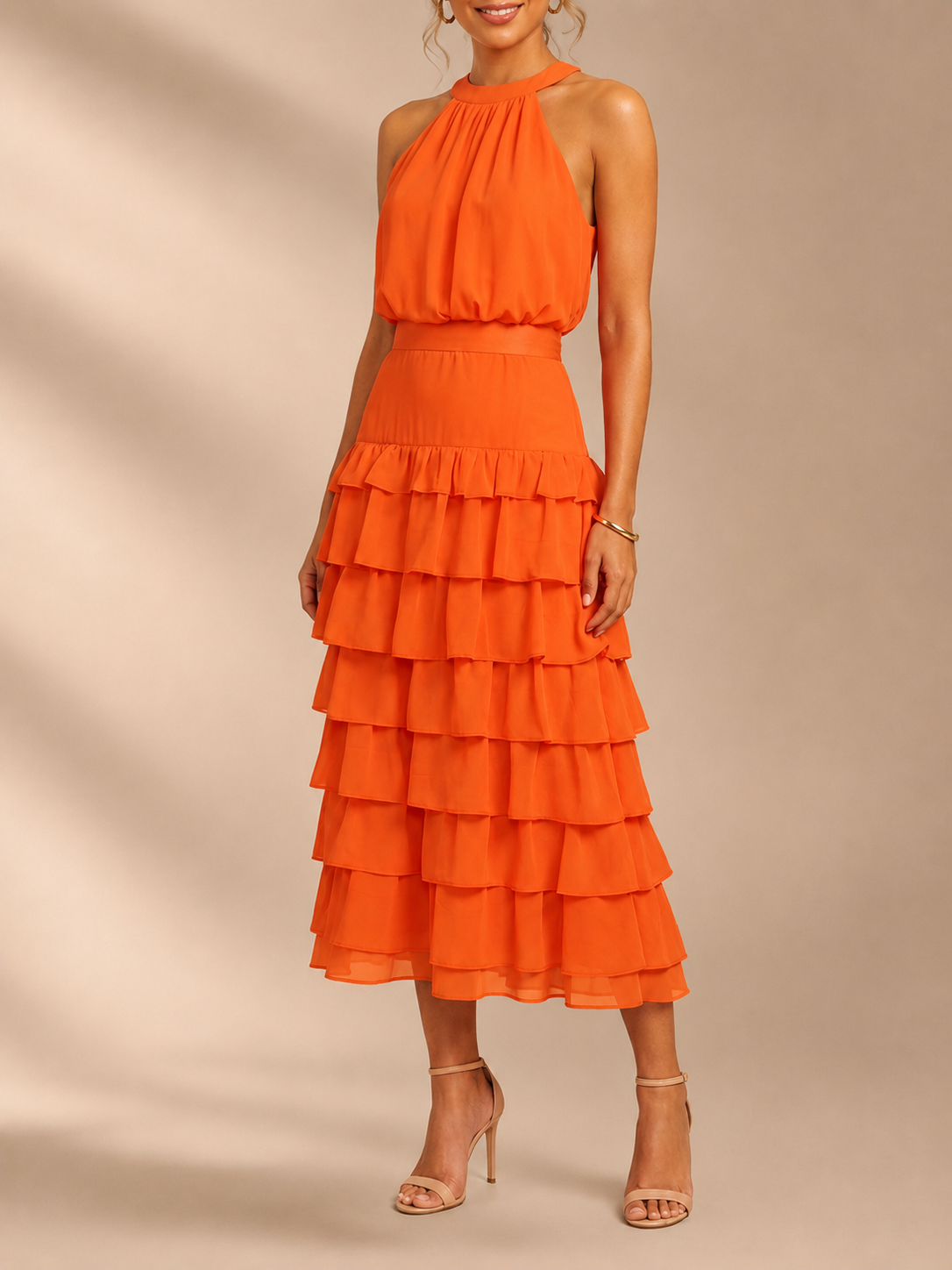 Vibrant Orange Sleeveless Tangerine Halter Neck Tiered Midi Evening Gown Dress 
