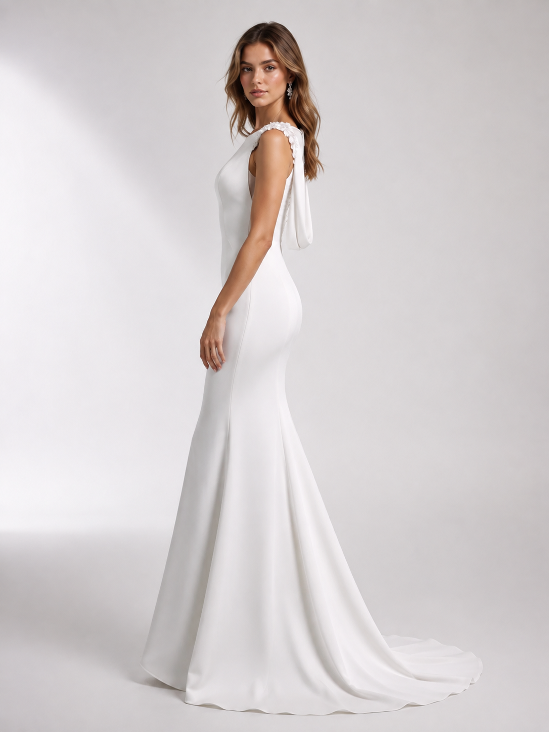  White Mermaid Boatneck Crepe Back Satin Sleeveless Sheath Wedding Dress 