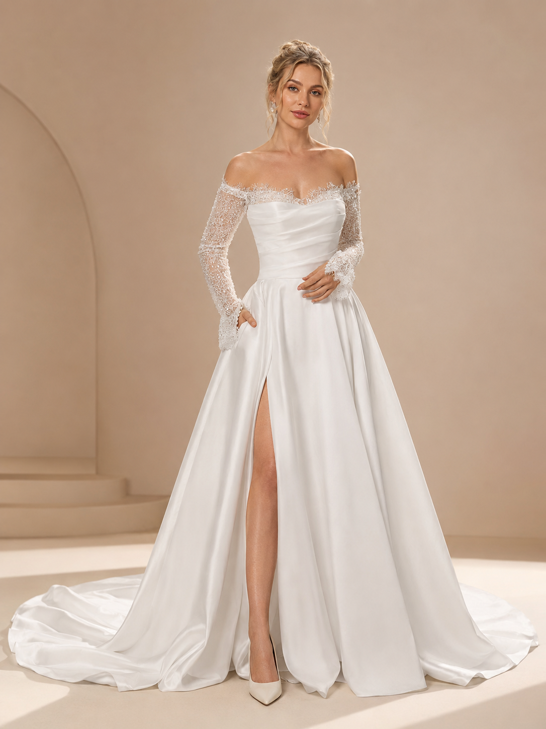 White Off-the-Shoulder Draped Satin High Slit A-Line Wedding Dress 