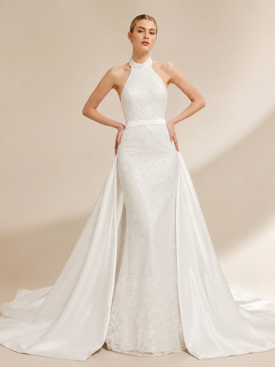White Halter Beaded Sequin Mermaid Wedding Dress 