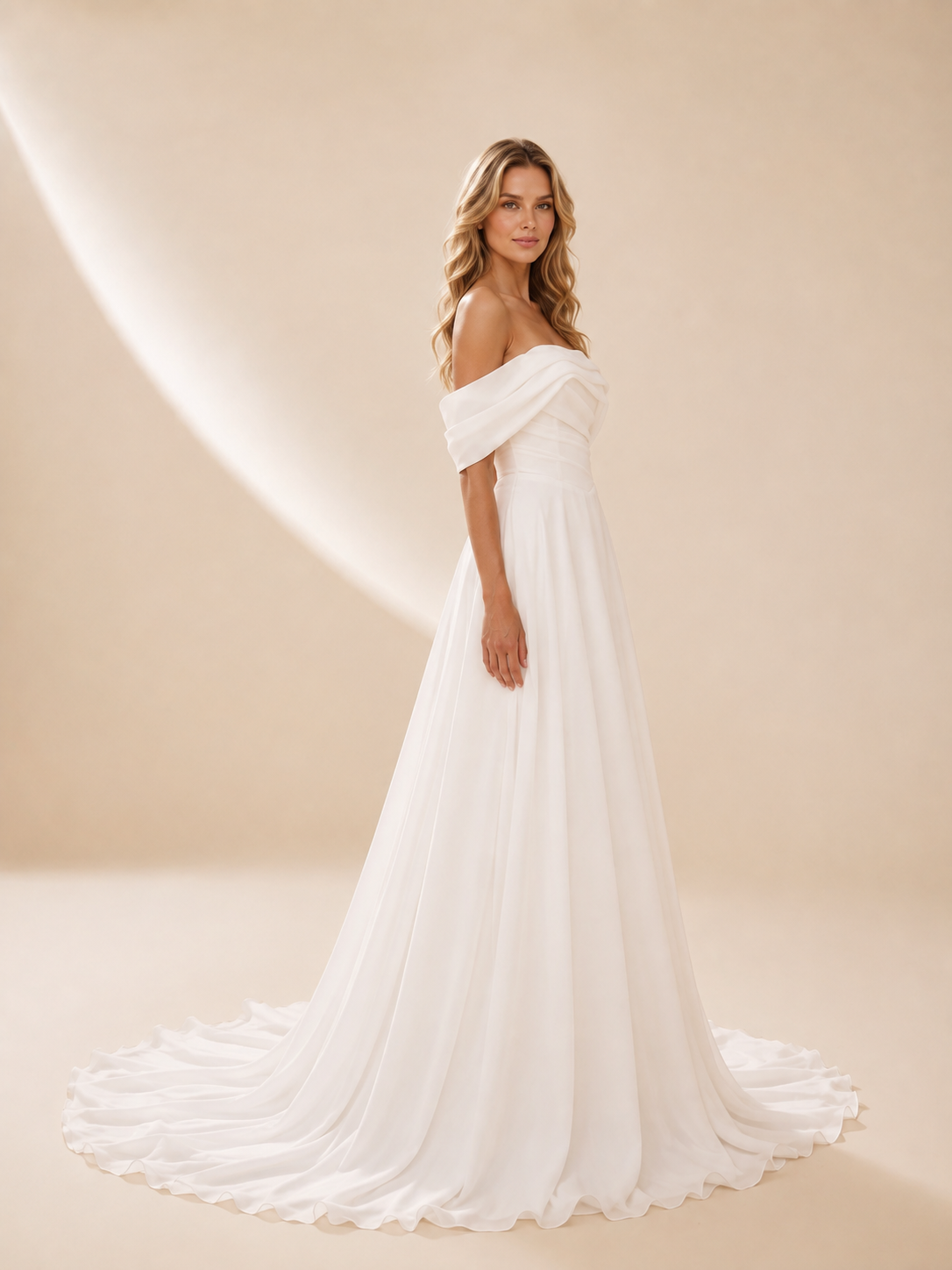 White Off-the-Shoulder Draped Satin A-Line Maxi Wedding Dress 