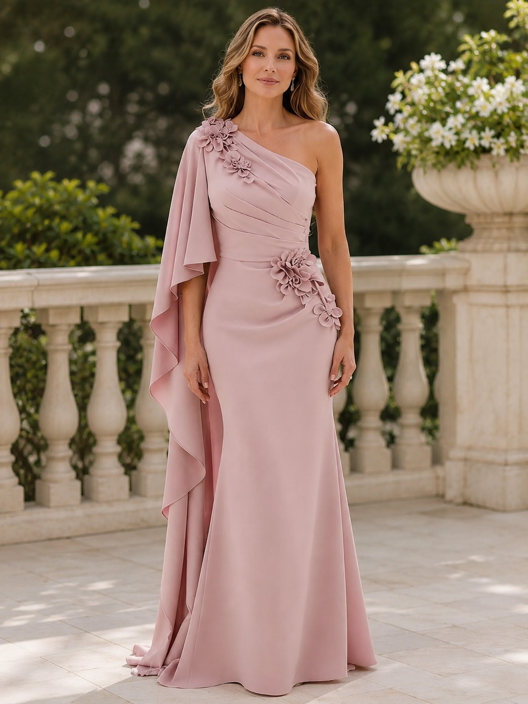 Dusty Rose One-Shoulder Floral Accent Column Mother of the Bride & Groom Dresses