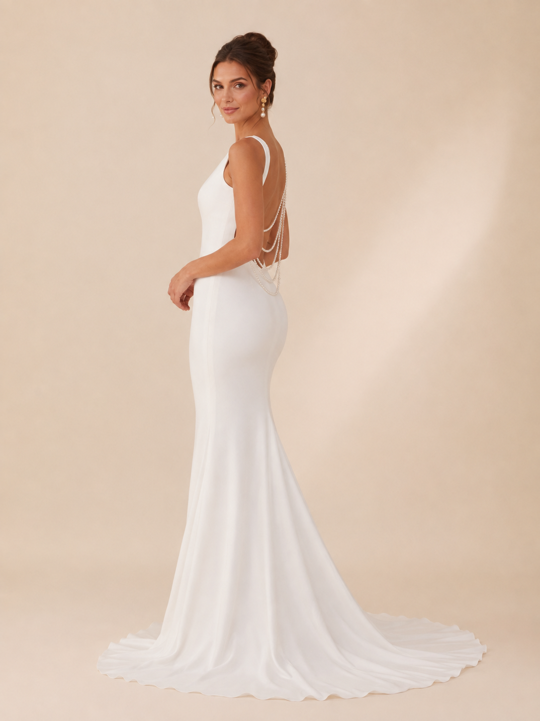 White Boatneck Crepe Sleeveless Mermaid Wedding Dress 