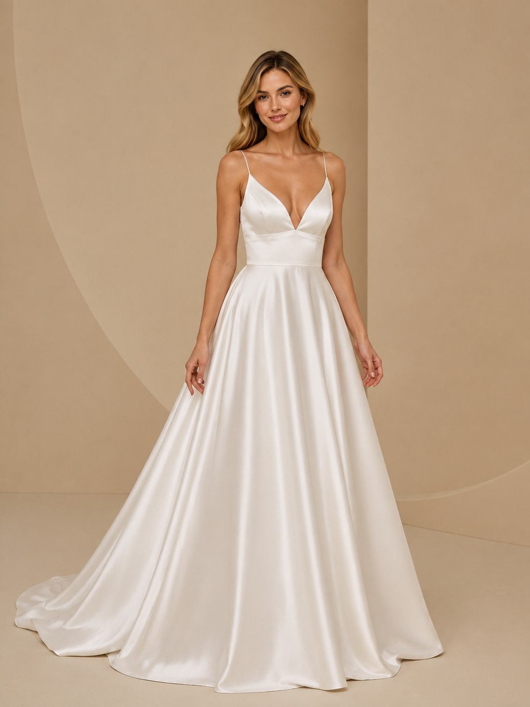 White V-Neck Spaghetti Strap Satin A-Line Maxi Wedding Dress 