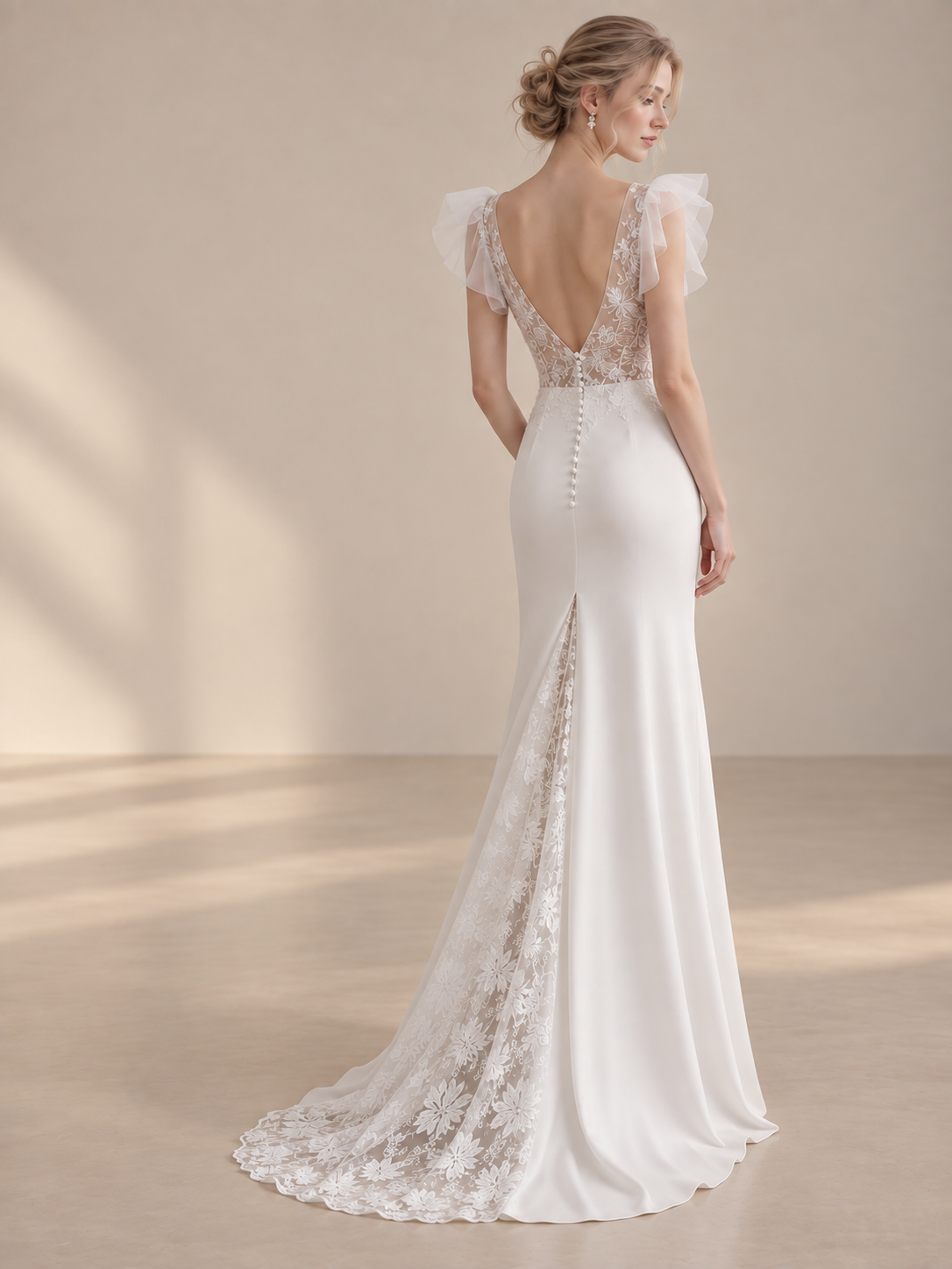 Luminous Ivory Flutter-Sleeve Lace-Back Maxi Wedding Dress 