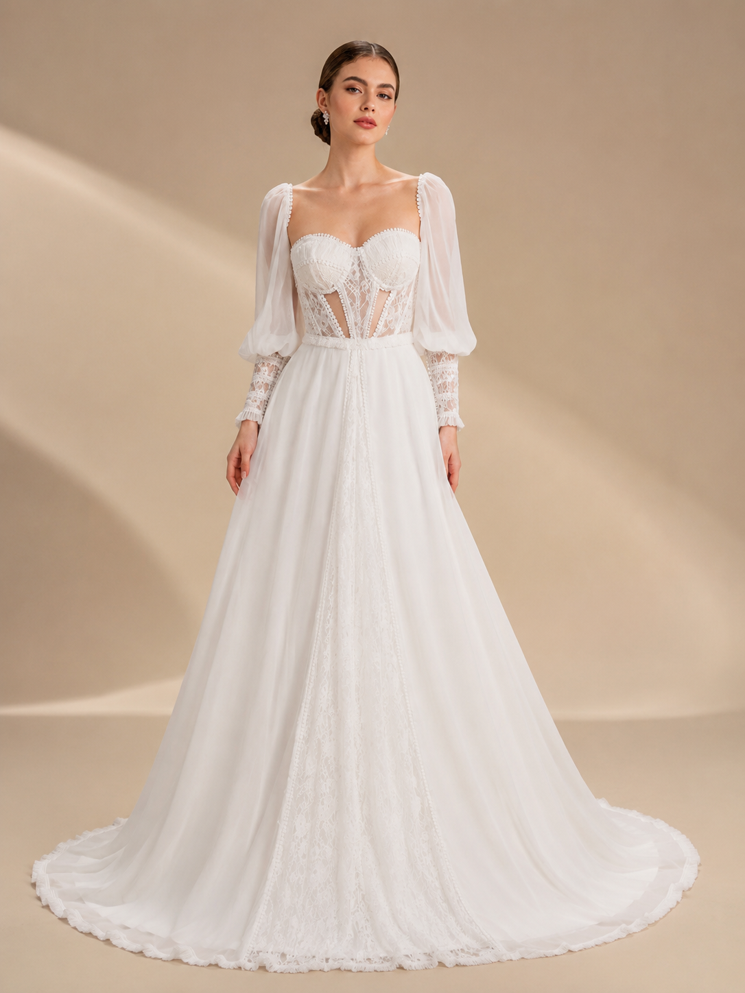 White Sweetheart Corset Puff-Sleeve Lace Chiffon Wedding Dress 