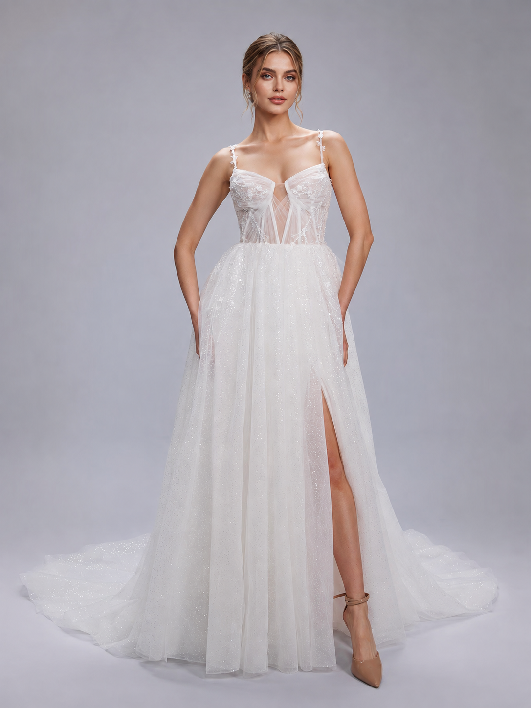 White Sweetheart Corset-Bodice Glitter Tulle High Slit A-Line Wedding Dress 