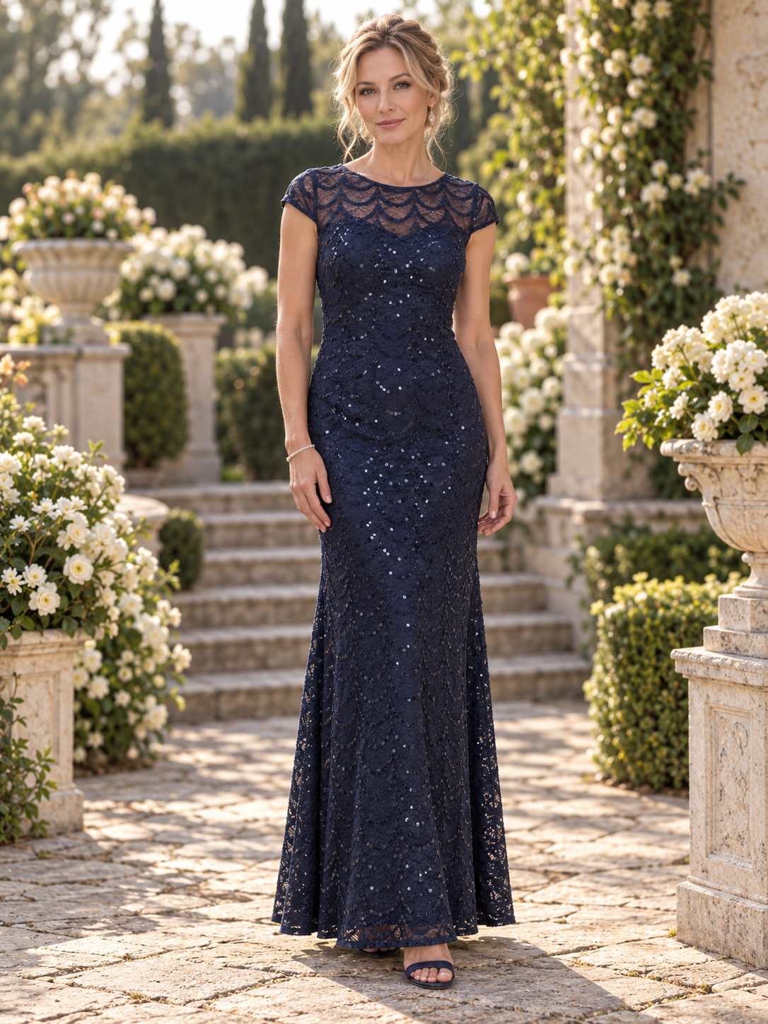 Luminous Navy Blue Sequin Scalloped Sheath Mother of the Bride & Groom Dresses 