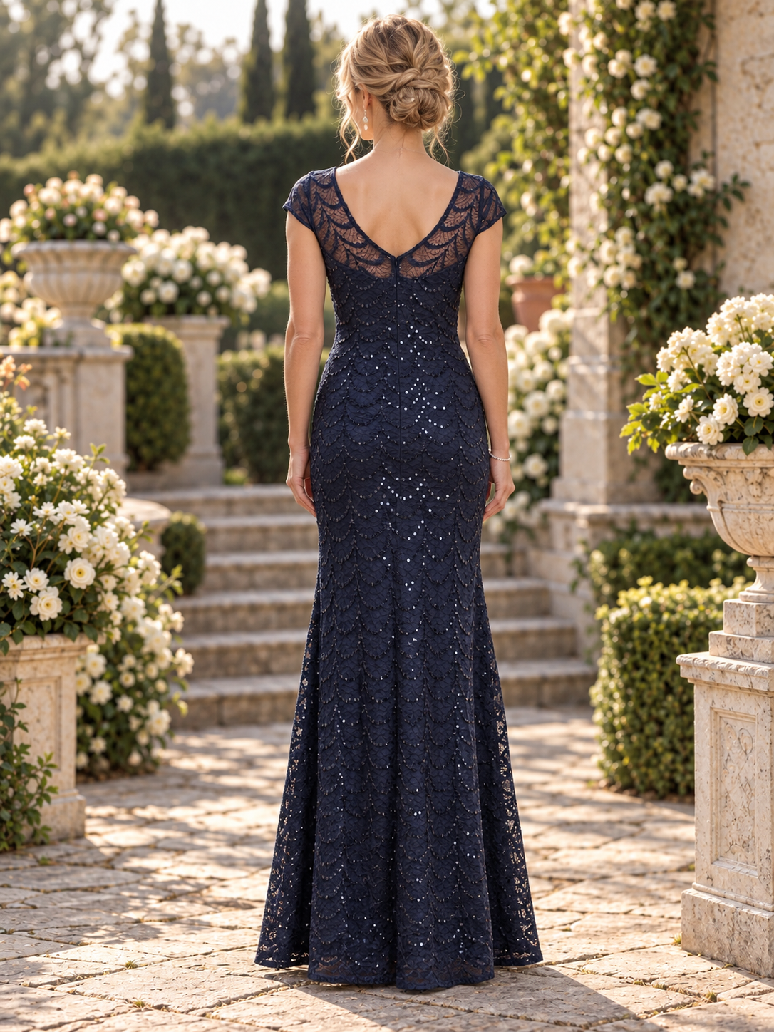 Luminous Navy Blue Sequin Scalloped Sheath Mother of the Bride & Groom Dresses 