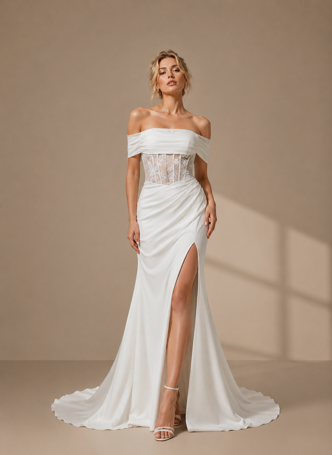Ivory Couture-Inspired Lace Corset Slit Off-The-Shoulder Wedding Dress