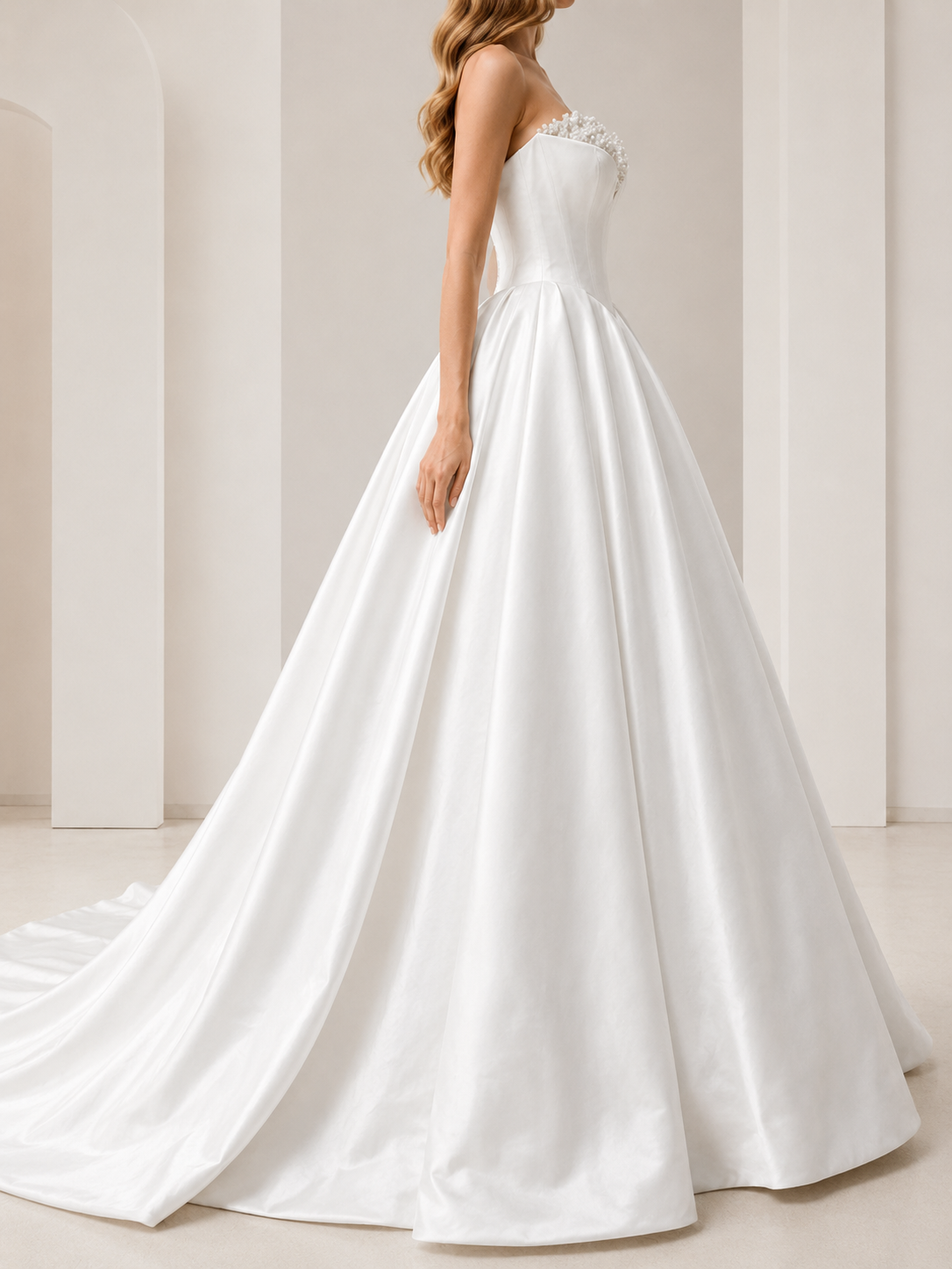 White Beaded Strapless Sweetheart Satin A-Line Wedding Dress with Chapel Train 