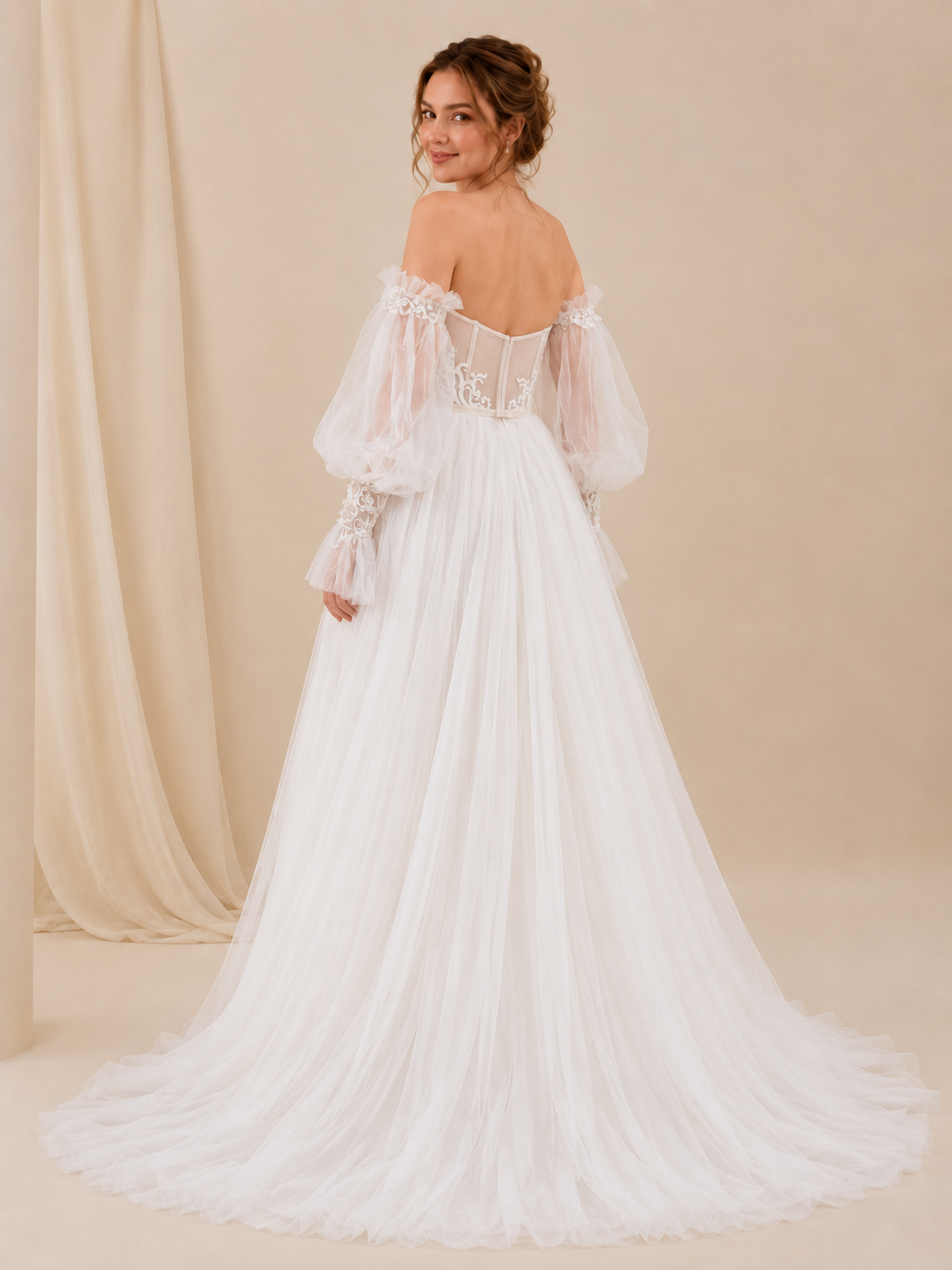White Off-the-Shoulder Draped Tulle Sweetheart A-Line Wedding Dress 