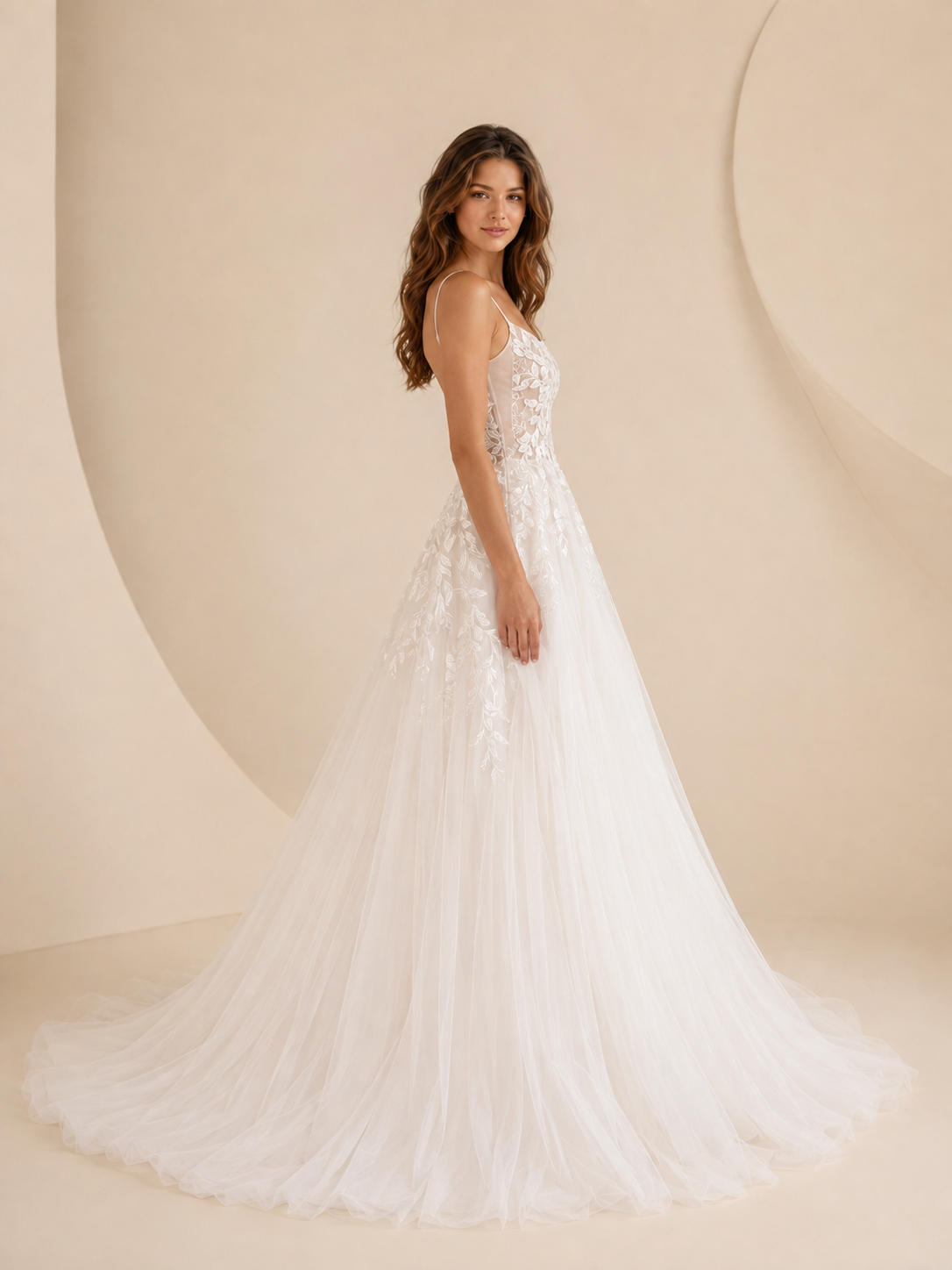 White Spaghetti Strap Lace Appliqué A-Line Wedding Dress 