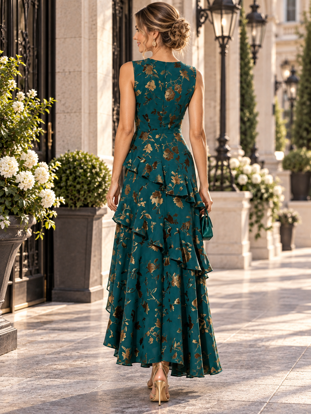 Emerald Green Floral Ruffled High-Slit Sleeveless A-Line Maxi Evening Gown Dress 