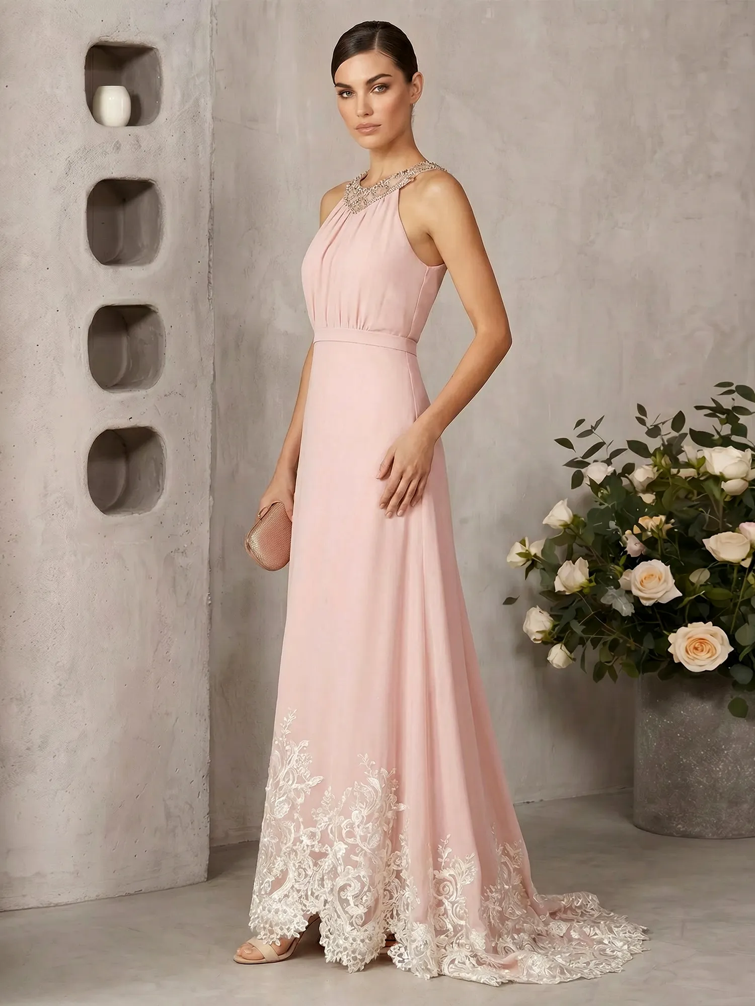 Halter Neck Beaded Chiffon Gown with Lace Hem