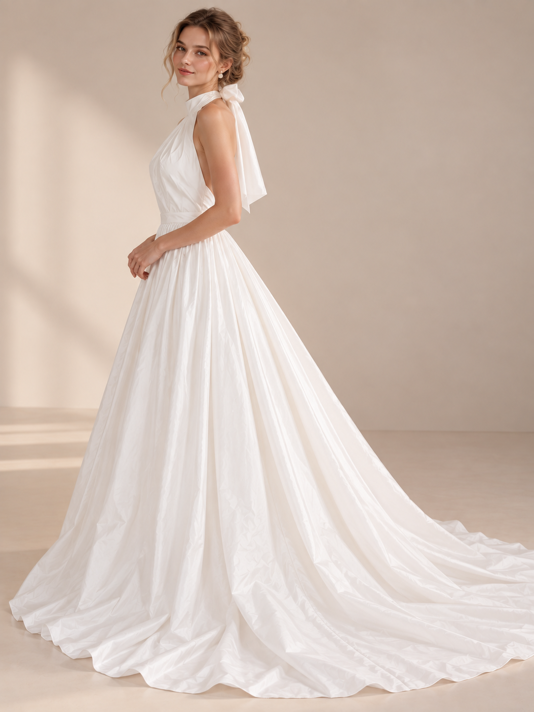 Luminous White Halter-Neck Bow-Back Wedding Dress 
