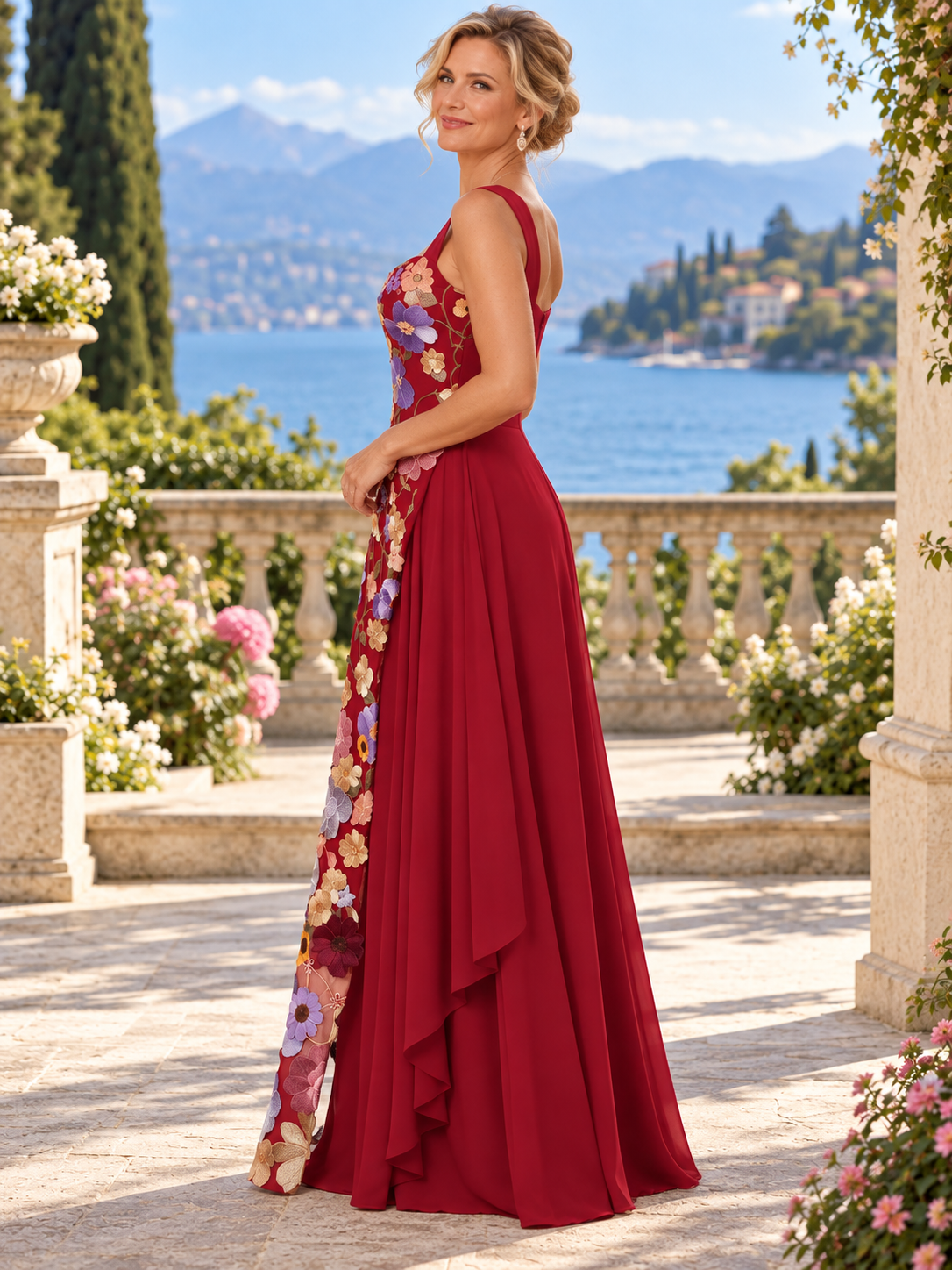 Burgundy Floral Embroidered Square Neckline Asymmetrical Chiffon Maxi Mother of the Bride & Groom Dresses 