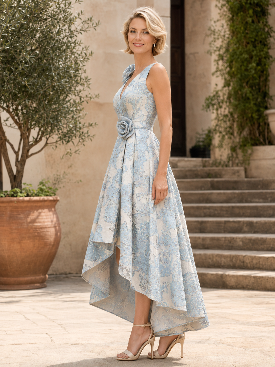 Light Blue Floral Jacquard High-Low V-Neck A-Line Midi Mother of the Bride & Groom Dresses
