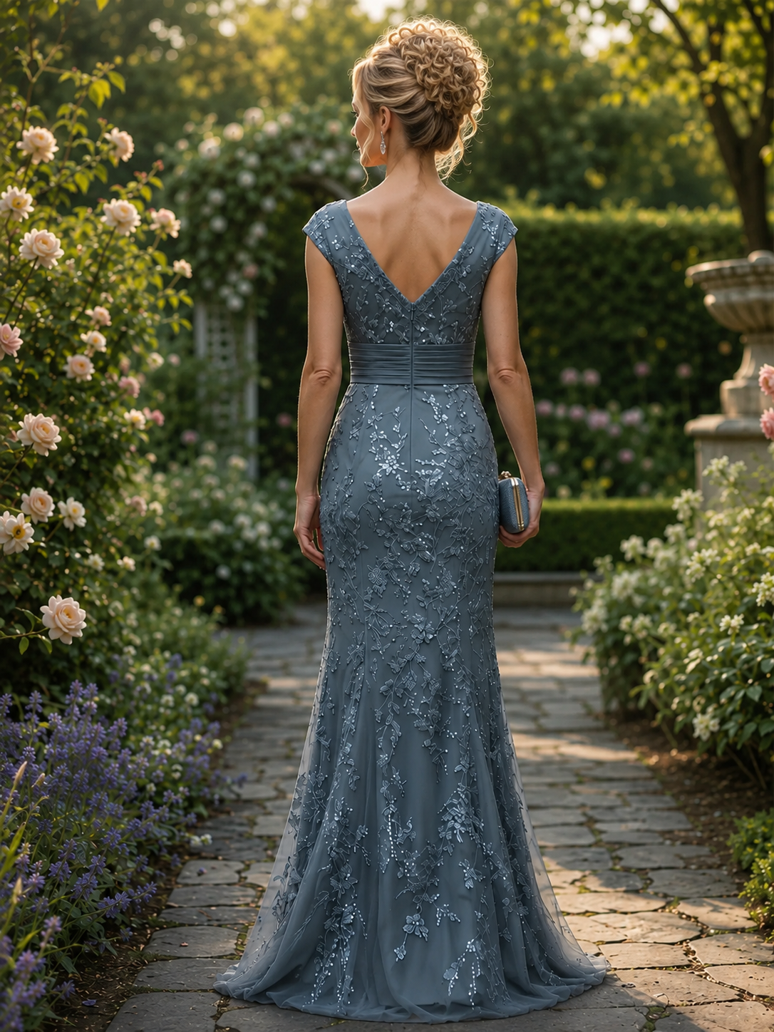 Blue Sequin Floral Mermaid V-Neck Floor-Length Mother of the Bride & Groom Dresses 