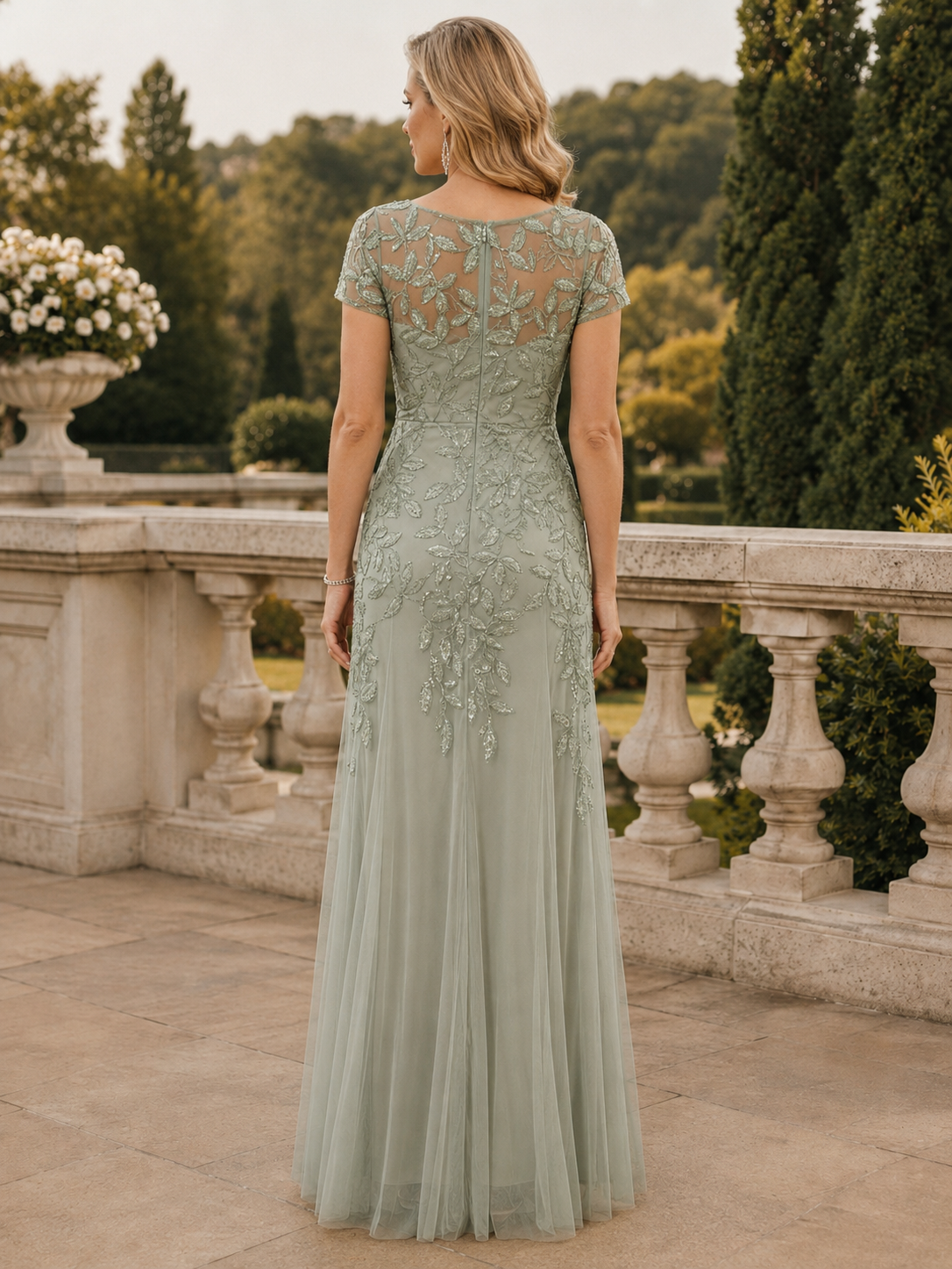 Sage Embroidered Short-Sleeve Sequin Maxi Mother of the Bride & Groom Dresses With Slit