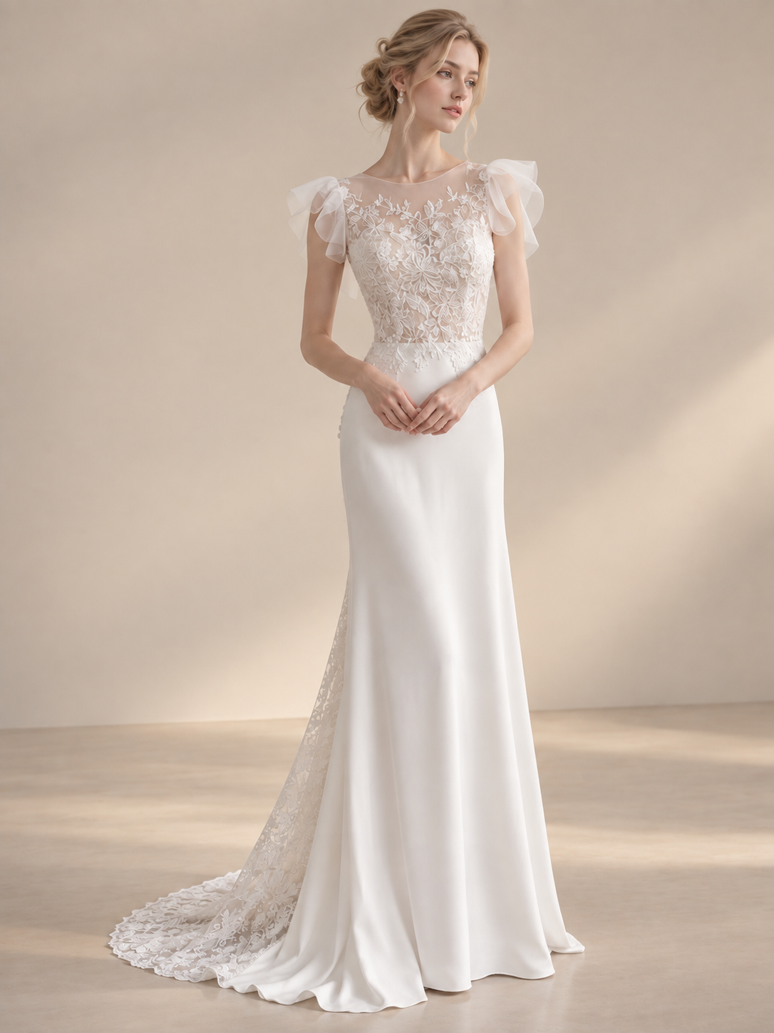 Luminous Ivory Flutter-Sleeve Lace-Back Maxi Wedding Dress 