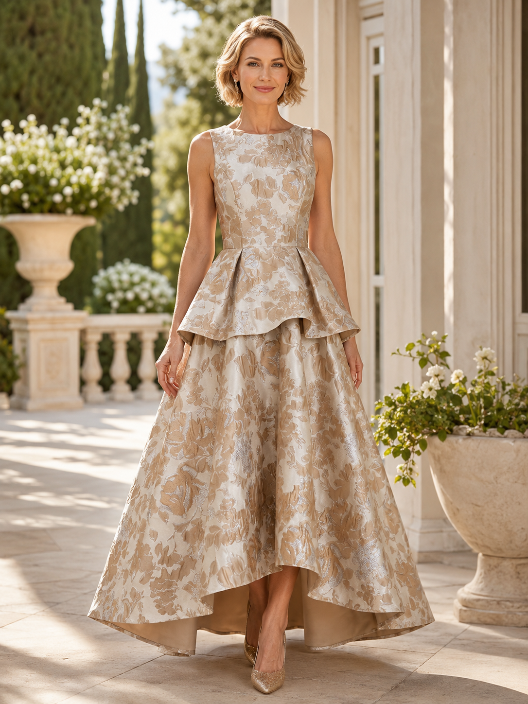Champagne Floral Jacquard High-Low Peplum A-Line Maxi Mother of the Bride & Groom Dresses 