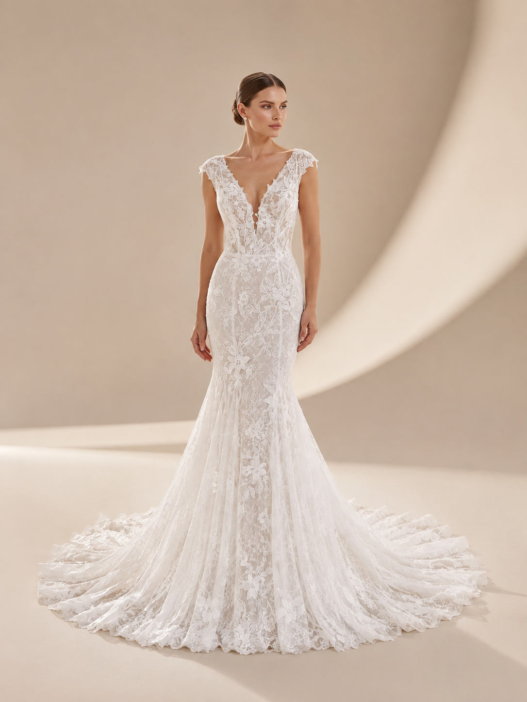 White Plunging V-Neck Lace Mermaid Wedding Dress 