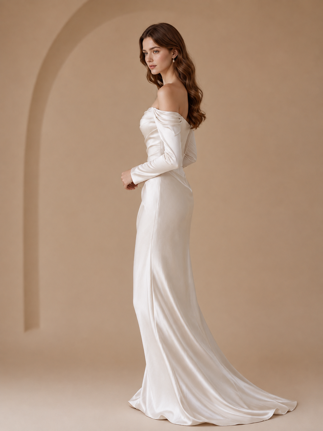 White Off-the-Shoulder Long-Sleeve Satin Column Wedding Dress 