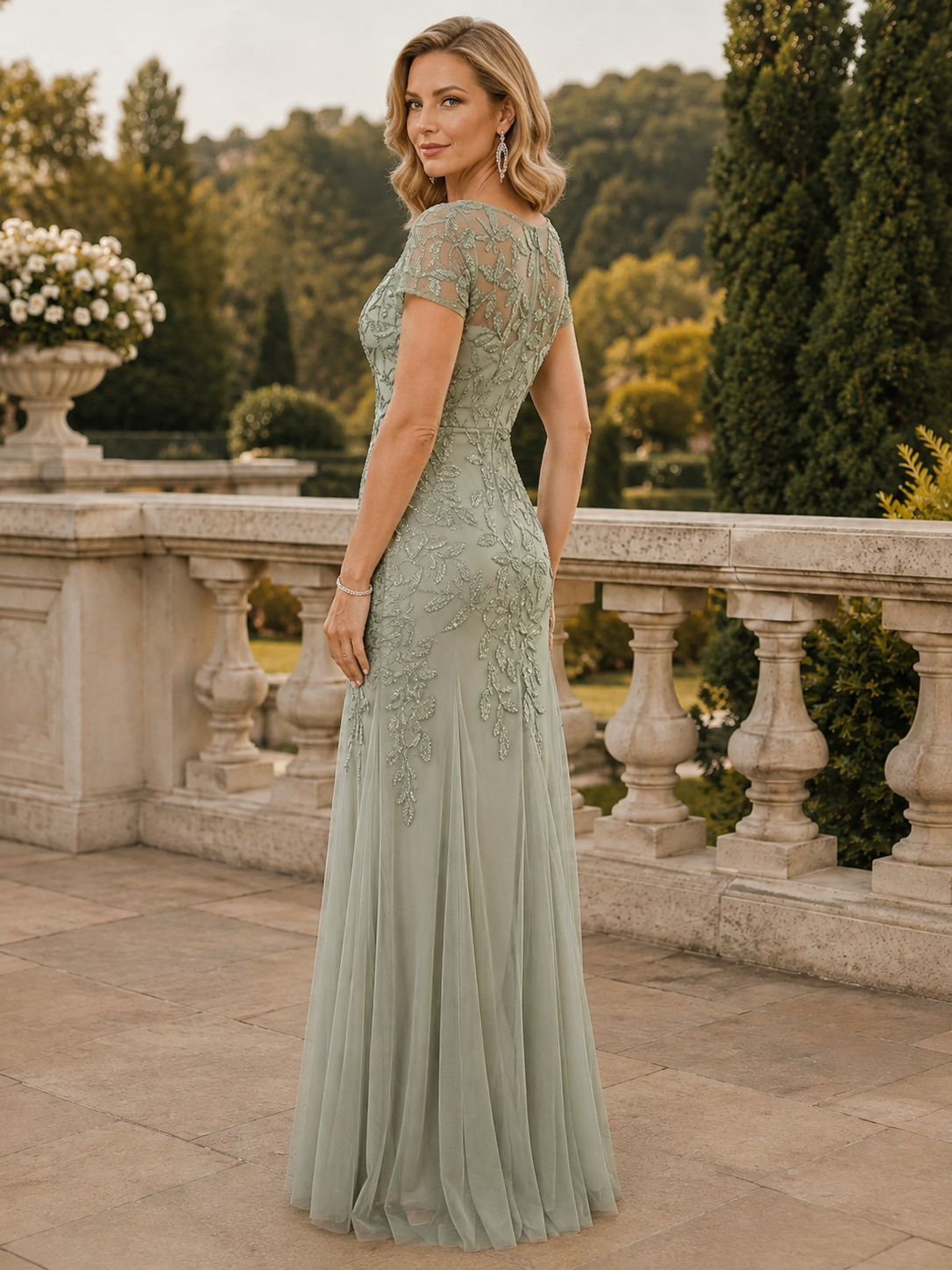 Sage Embroidered Short-Sleeve Sequin Maxi Mother of the Bride & Groom Dresses With Slit