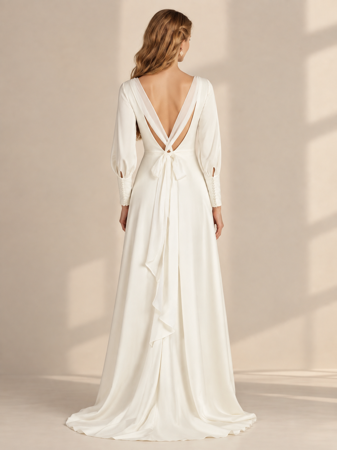Ivory Satin Long-Sleeve Bow-Back A-Line Wedding Dress 