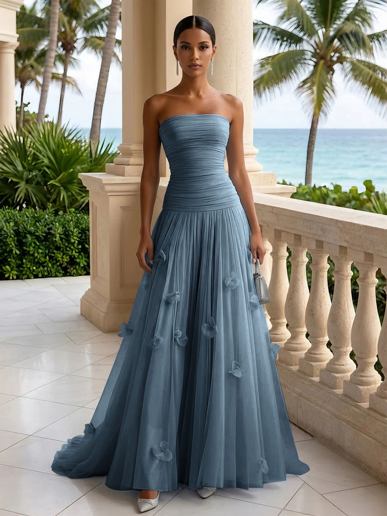 Light Blue Evening Dress with 3D Flower Strapless Pleat Maxi Dress