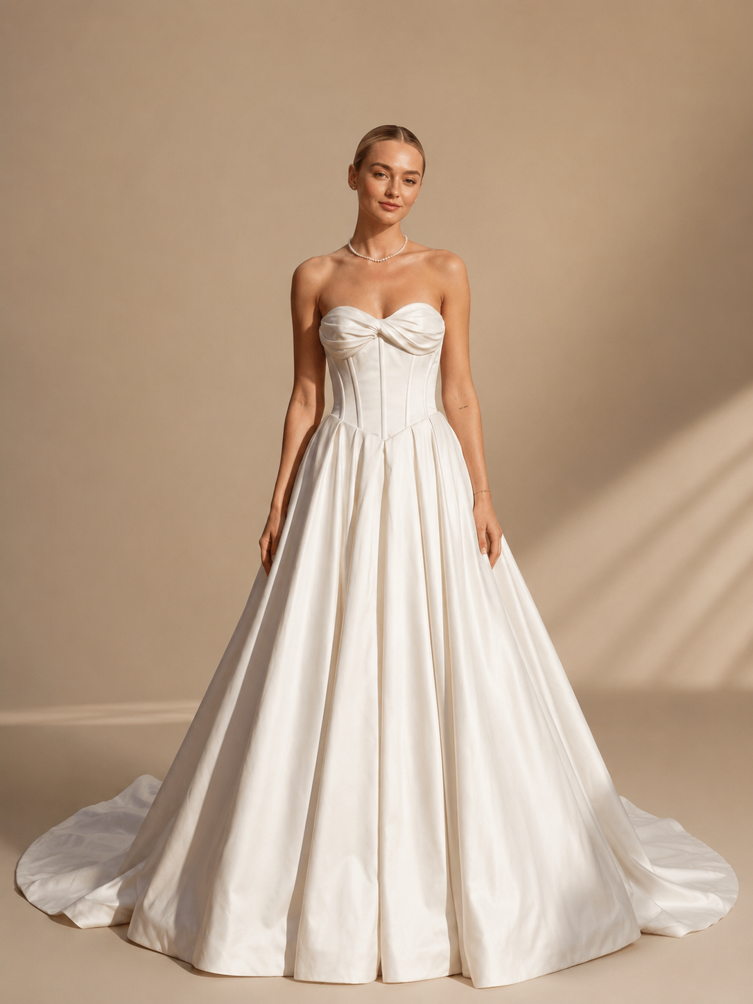 White Strapless Sweetheart Draped Bust Satin A-Line Wedding Dress 