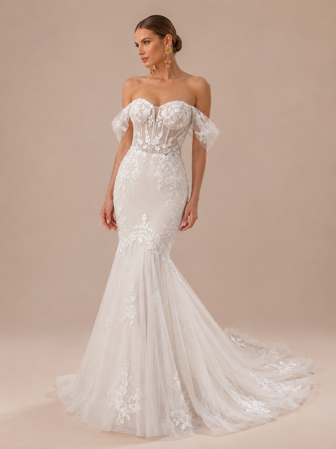 White Off-the-Shoulder Sweetheart Lace Mermaid Wedding Dress 