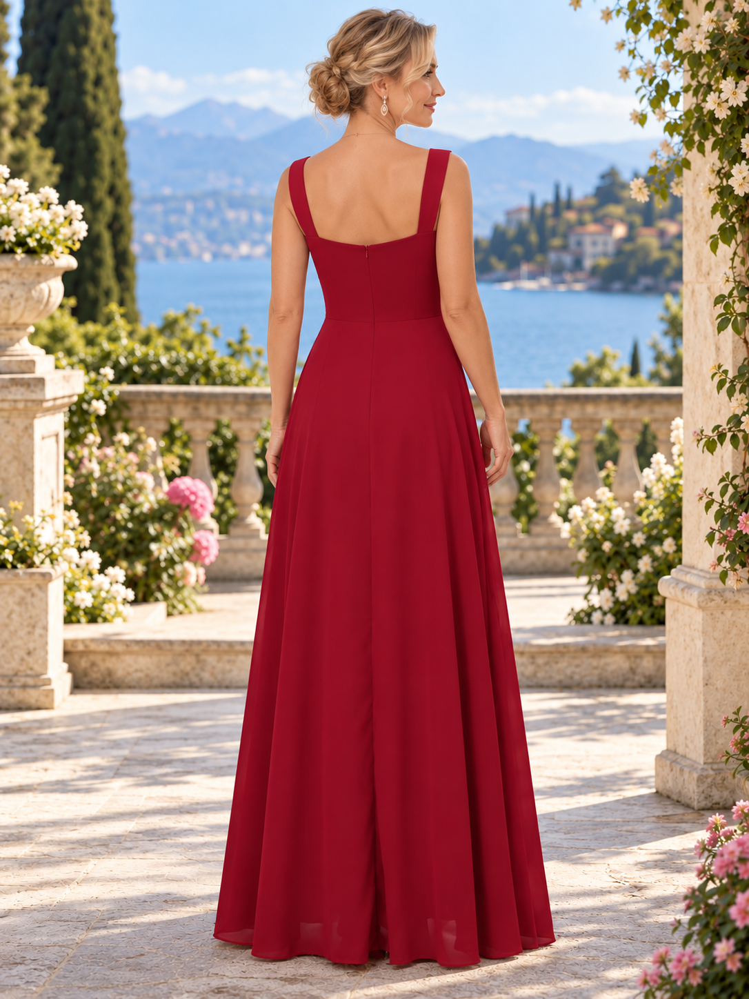 Burgundy Floral Embroidered Square Neckline Asymmetrical Chiffon Maxi Mother of the Bride & Groom Dresses 